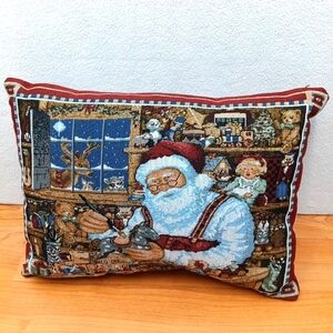 Vintage Tapestry Country Christmas Pillow Santa's Workshop 16" x 12"